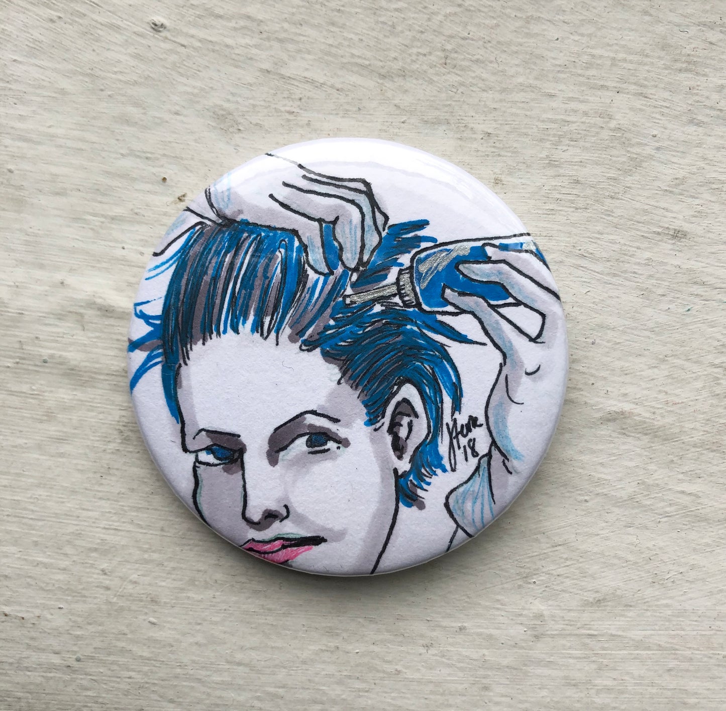 Blue Hair Dye Hand Drawn ORIGINAL BUTTON