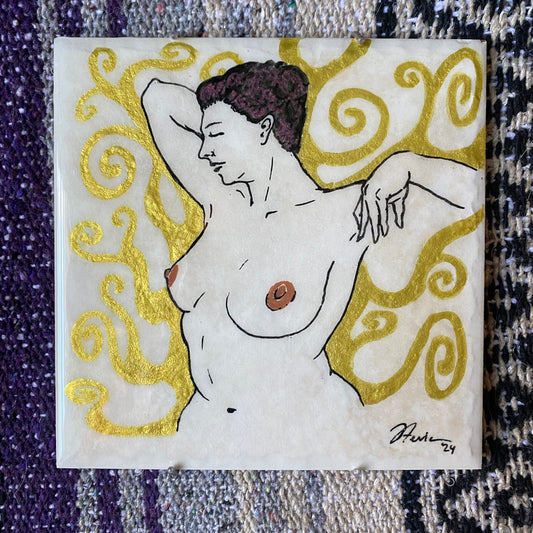 Gold Swirls Ceramic Tile Original Painting /Drawing