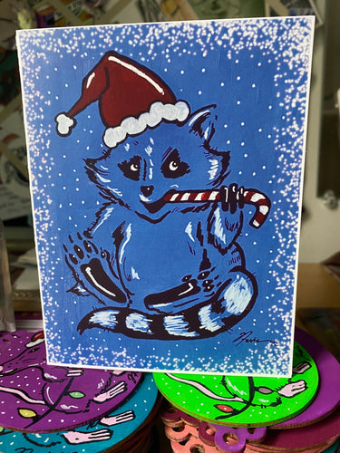 Candy Cane Raccoon GREETING CARD