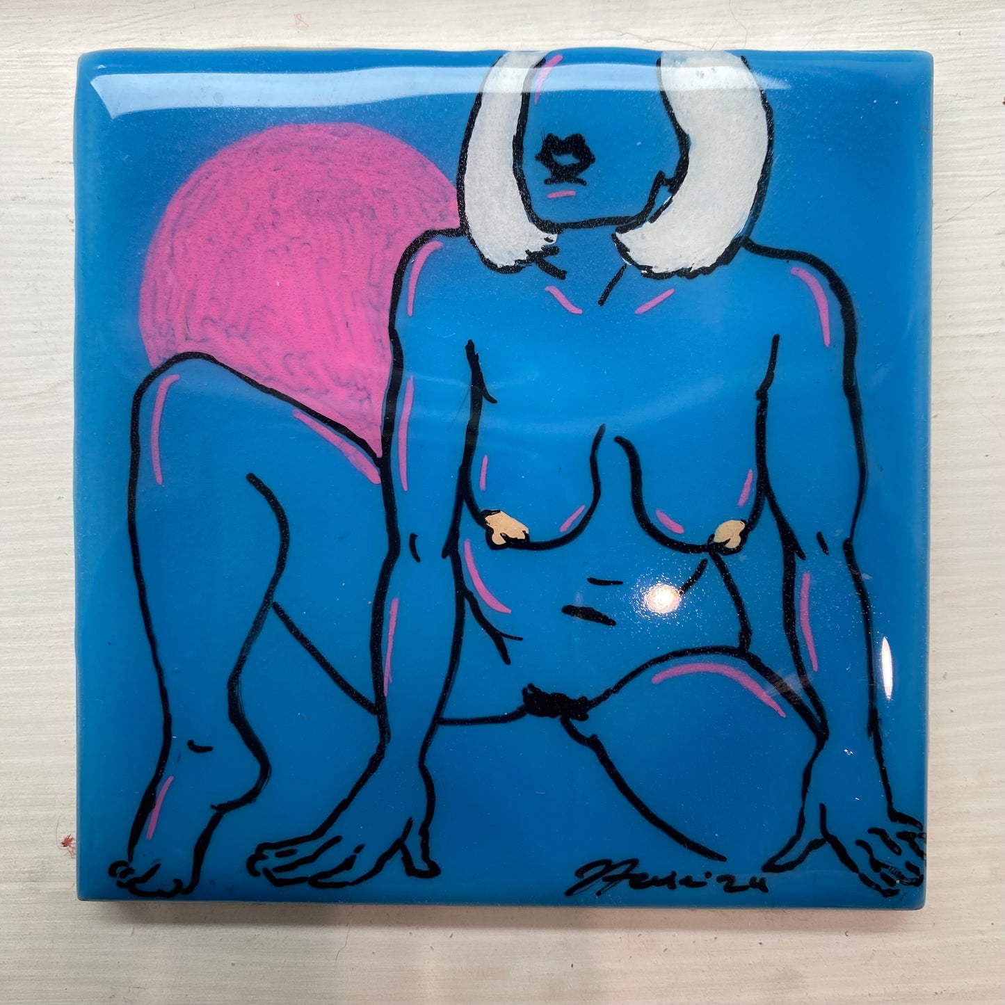 Pink Moon Ceramic Tile Original Painting /Drawing