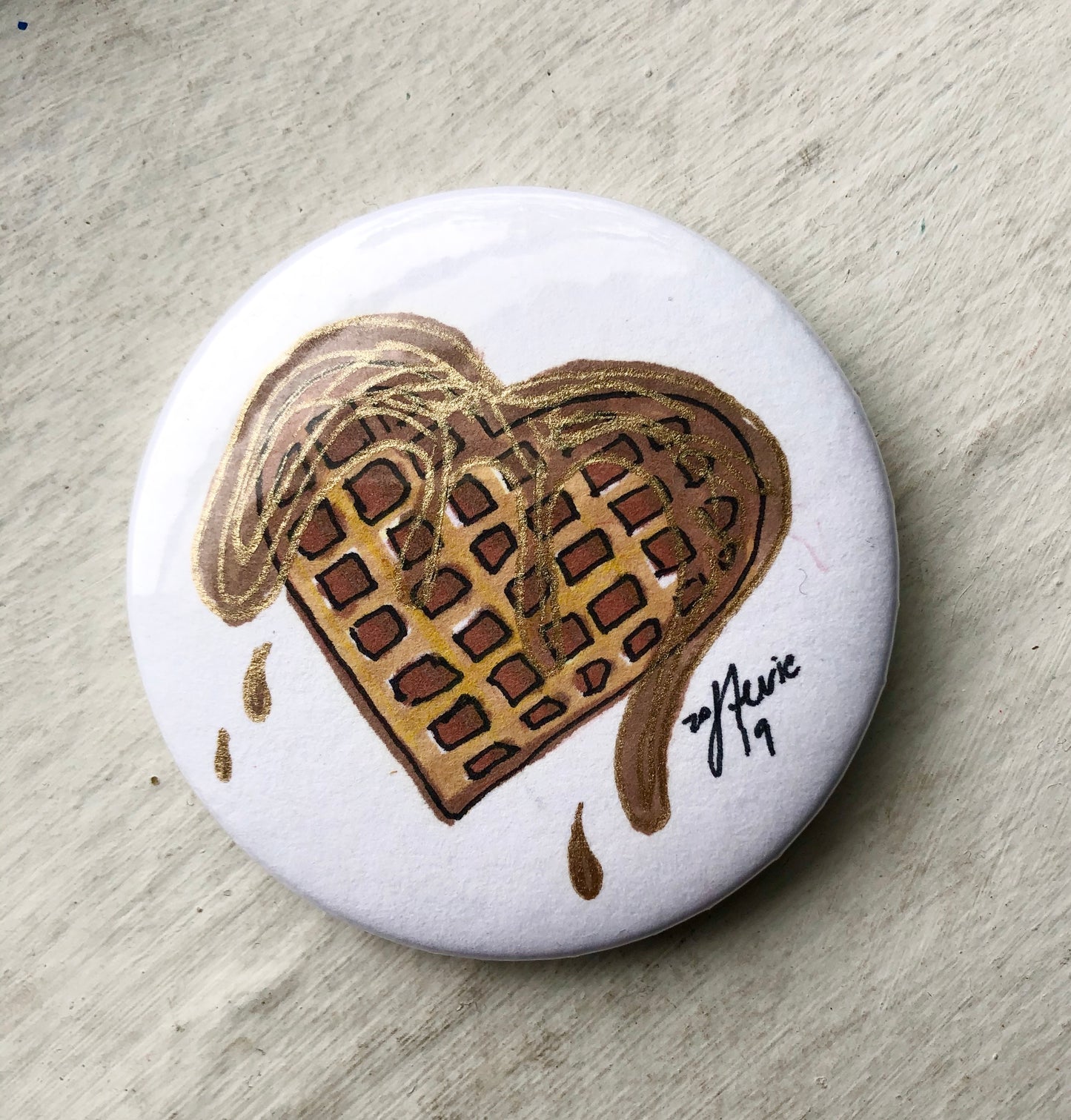 Gold Syrup Waffle Hand Drawn ORIGINAL BUTTON